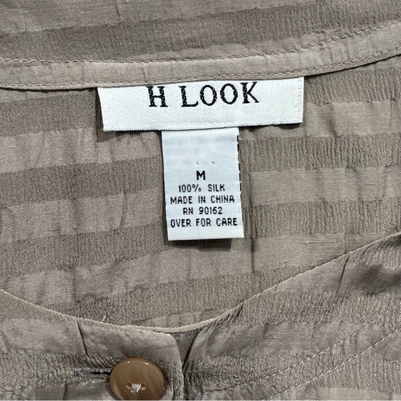 H Look Silk Blouse Button Up Puckered textured stripes M oversized - Picture 11 of 12